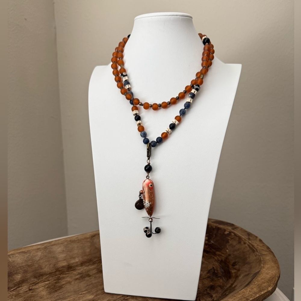 Vintage Blue and Orange Beaded Necklace with Heddon Fishing Lure Pendant